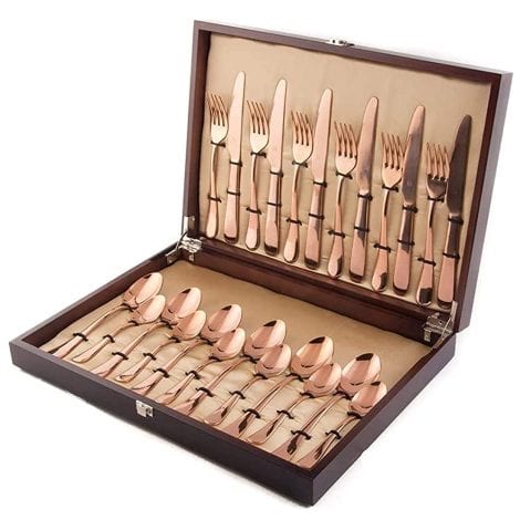 FNS International Pvt Ltd presents the Rosella collection: 24-Piece Rose Gold Cutlery Set, exquisitely packaged.