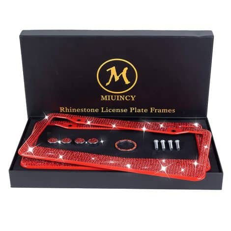 Luxurious, waterproof 2Pack Red Rhinestone License Plate Frame with Gift Box for fashionable Indian men and women.