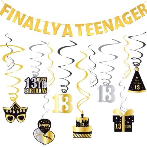 Celebrate your teen’s 13th birthday with WOJOGO’s pre-strung gold glitter banner and swirls decoration set!