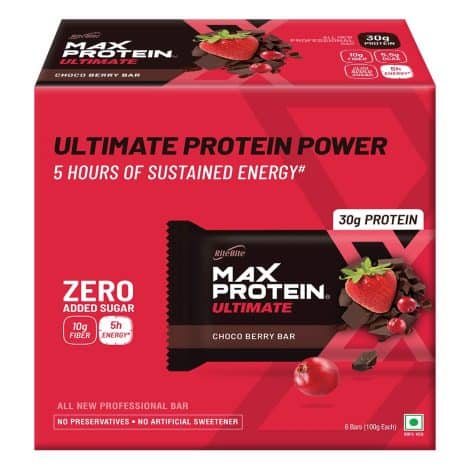 RiteBite Max Protein Ultimate Choco Berry 30g Bars [Pack of 6] provide energy, fitness, and immunity. No preservatives, sugar, 100% vegetarian.