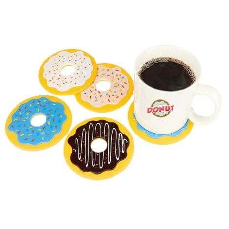 Donut Coasters, a set of 4 unique silicone pads, perfect for holding coffee mugs and adding fun to your surroundings – suitable for desk, bar, office, or car.