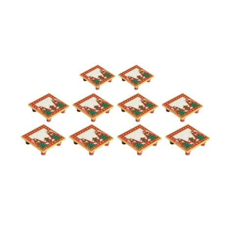 “Decorate your home with the vibrant Handicrafts Paradise Marble Puja Chowki with Kalash set of 10.”