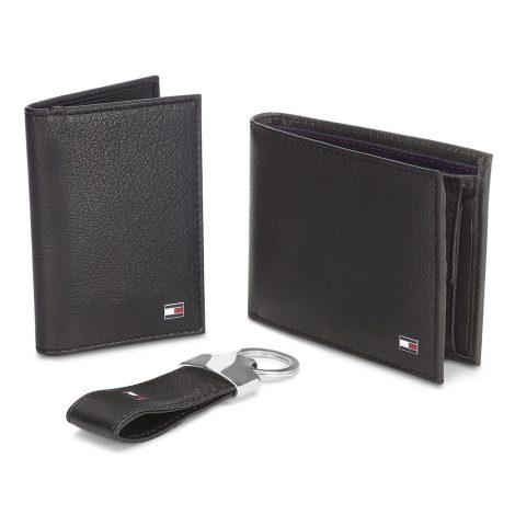 Black gift set for men, combining Tommy Hilfiger Stalin leather wallet, card case, and keyfob.