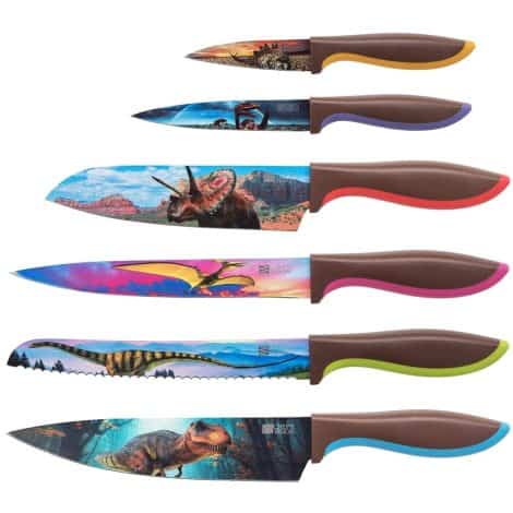 Colorful 6 piece chef’s knife set, perfect gift for dinosaur lovers, weddings, birthdays, kitchen, and housewarming.