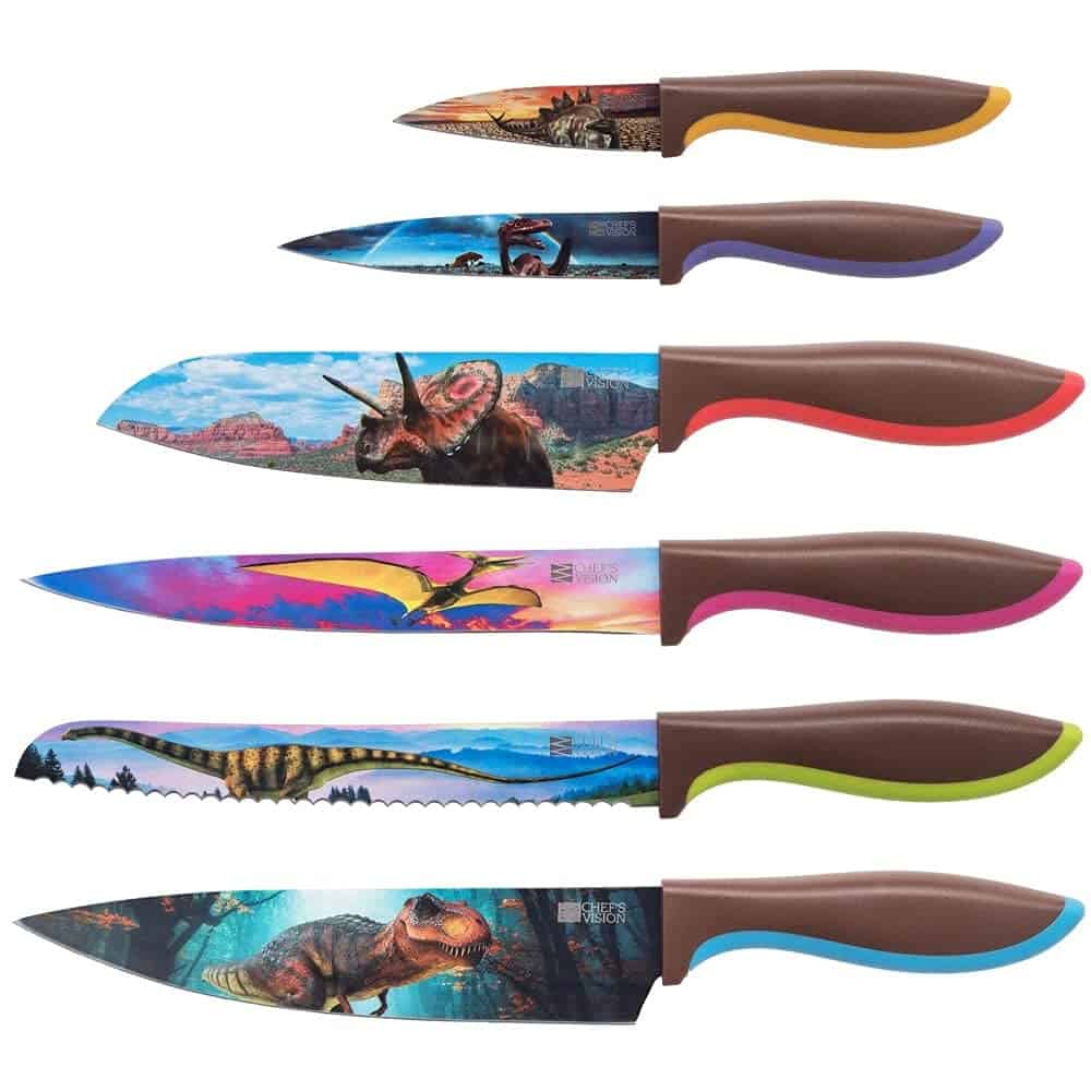 Chef's Vision Jurassic Knife Set in Gift Box - Cool Gifts for Dinosaur Lovers - 6 Piece Colorful Chefs Knives Set - Birthday Gifts for Men, Wedding Gifts for Women, Gift for Kitchen, Housewarming Gift