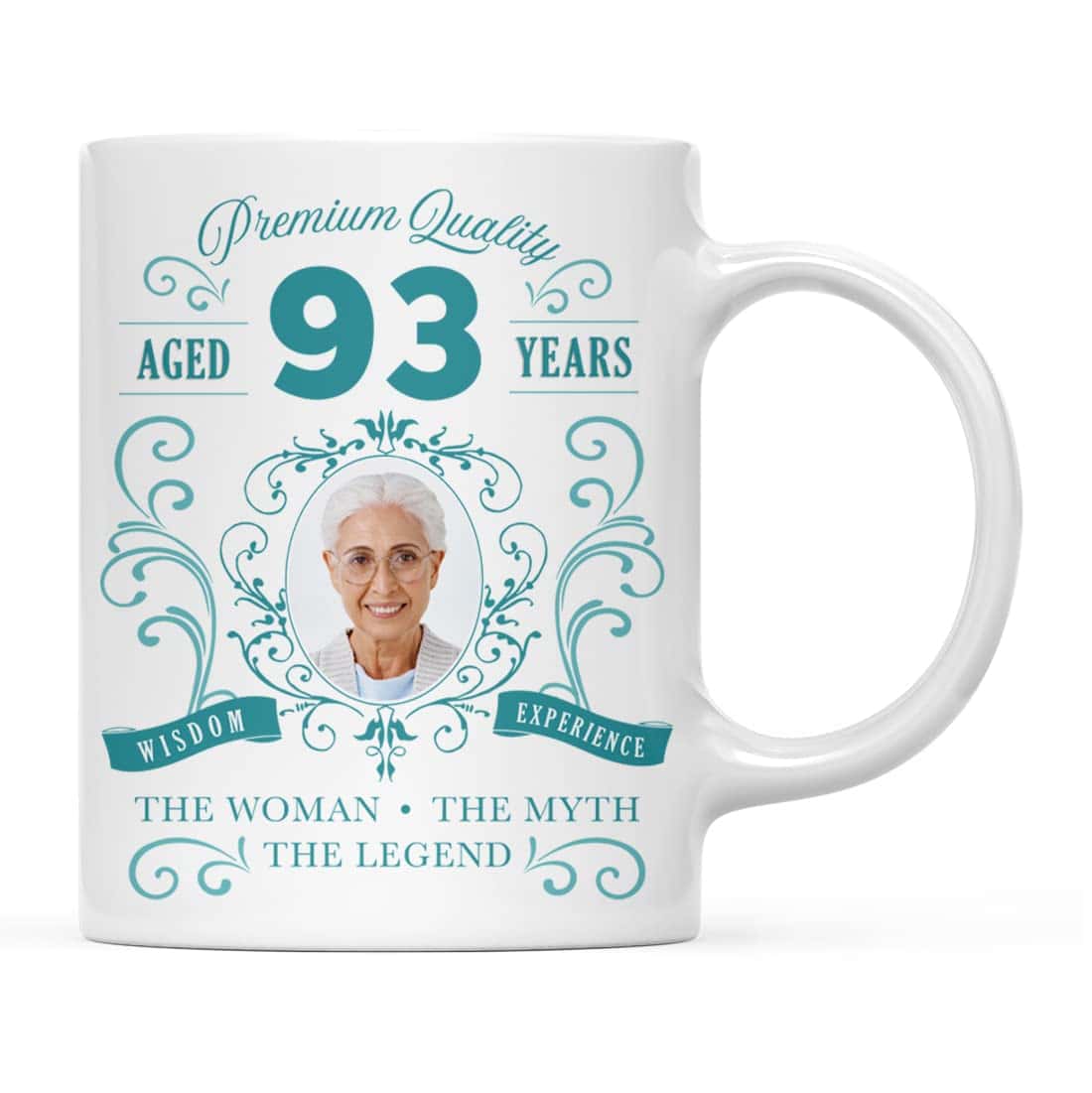 INKOLOGIE Photo Personalised 11oz. Coffee Mug 93rd Birthday Gift for Women, Aged 93 Years, Wine Whiskey Bottle Design, Vintage Gal, 1-Pack, Custom Picture Gift Ideas for Sister, Grandma, Wife