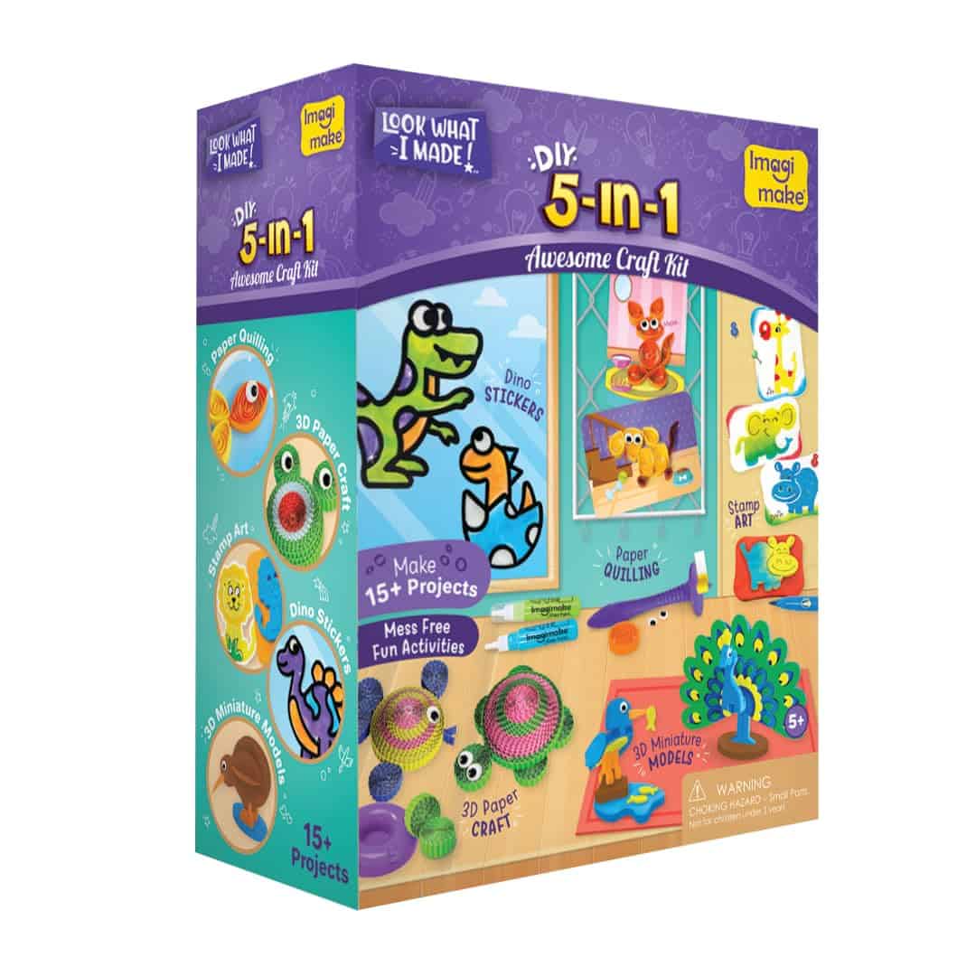 Imagimake 5-in-1 Awesome Foam Arts and Crafts Kit with Air Dry Clay, Paper Quilling Kit, Stamp, Gifts for 5, 6, 7, 8 Year Old Kids, Girls & Boys, Multicolour