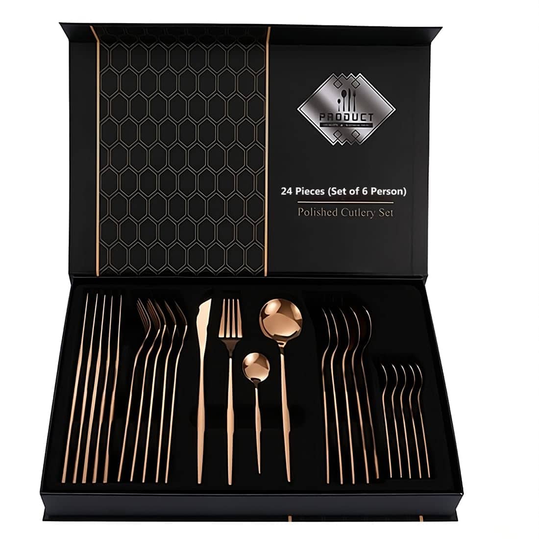 BonZeaL 24 Pieces Mirror Finish Stainless Steel Flatware Rose Gold Cutlery Set for 6 Person Secret Santa Gifts
