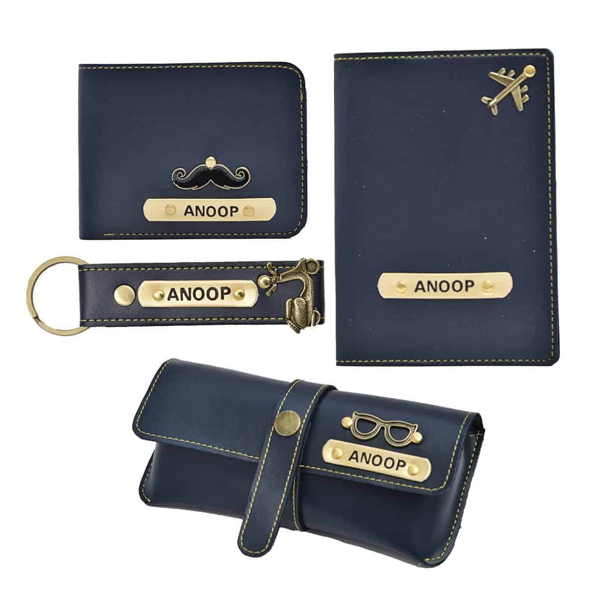 Ahimsa Leather Personalised Birthday Gift for Men with Men's Wallet, Keychain, Sunglasses Case and Passport Cover, Customized Men Gift Idea for Brother, Husband, Father, Boyfriend for All Men - Blue