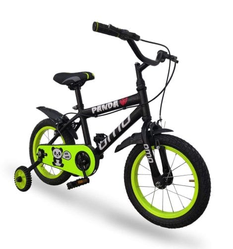 Omobikes Panda 14T Kids Bicycle: Perfect for 3-5 years old boys and girls, effortless assembly, 14″ steel frame with chain cover and training wheels.