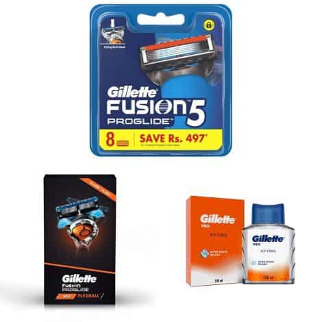 Gillette Fusion Proglide Blades – 8 count, Flexball Pro Glide Gift Pack and Razor with 4 Cartridge, PRO After Shave Splash – Icy Cool 100ML, White.