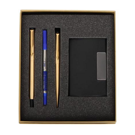 Luxury gift set with Parker Vector Gold Trim Roller Ball Pen & Ball Pen, blue ink, 3 count.