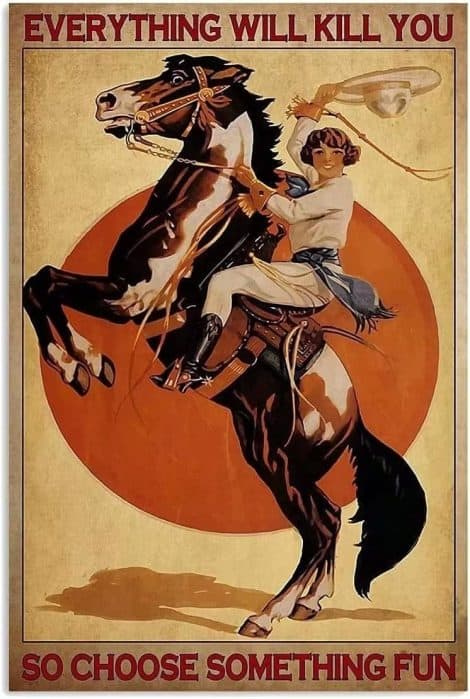 Funny metal tin sign with a horse and Western cowboy theme for your home decor or gift.