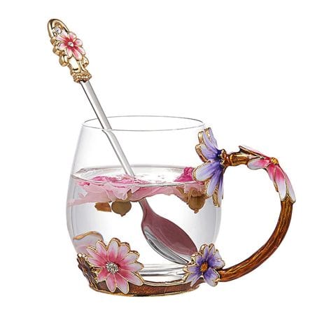 Evecase Enamel Daisy Flower Glass Coffee Mugs Tea Cup with Steel Spoon; Perfect Gift for Tea Lovers.