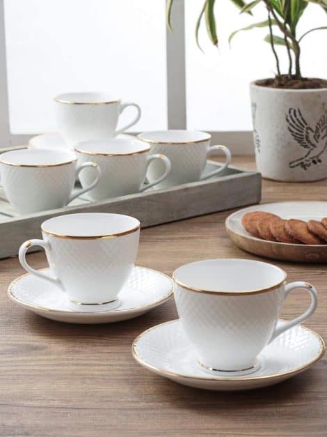 Femora’s Indian Ceramic Gold Line Diamond Cut Dinnerware – Elegant White Tea Cups, Mugs, and Saucer set (6 pieces each).