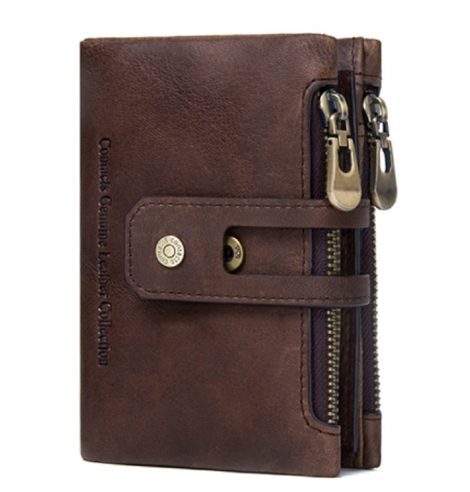 Men’s Genuine Leather RFID Blocking Wallet with 14 Card Slots, 1 ID Window, 2 Zipper Compartments, and Button Closure (Brown).