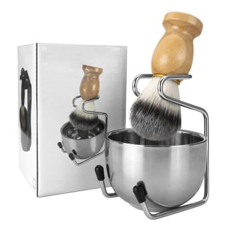 Wismee 3-in-1 Wet Shaving Set: Stainless Steel Razor Holder, Soap Bowl, Wood Handle Brush. Perfect for Indian men.