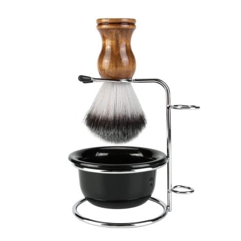 A grooming set for men that includes a gentle brush, a durable brush holder, and a soap bowl.