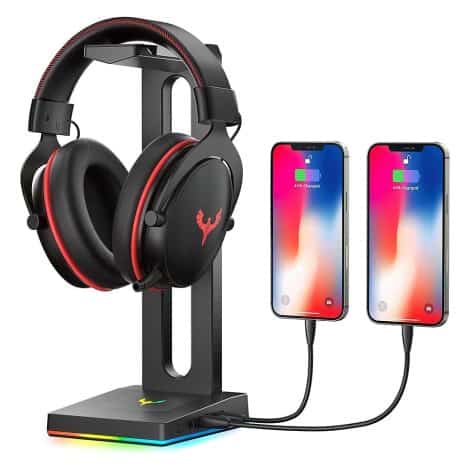 HS18 – Vibrant RGB Gaming Headphone Stand with AUX and USB ports, suitable for top headphone brands in India.