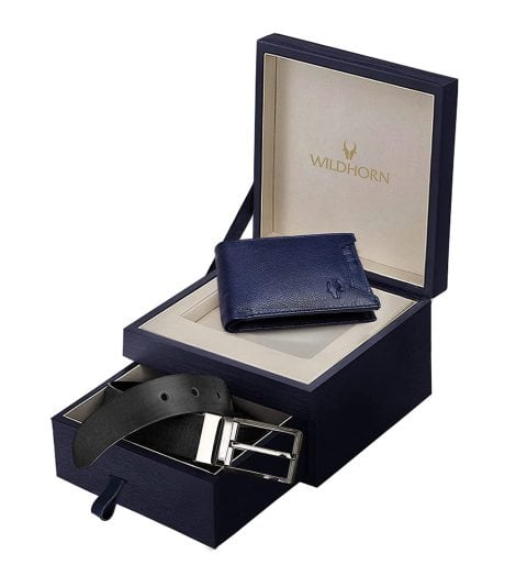 Gift set for men comprising WILDHORN Oliver Leather Wallet and Classic Leather Belt. Ideal for Indian consumers.