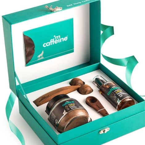 mCaffeine Coffee De-Stress Men’s Day Gift Set: Coffee Scrub, Body Oil & Handcrafted Massager for Stress Relief. Enjoy Relaxing Coffee Aroma. Perfect Unisex Gift Kit.