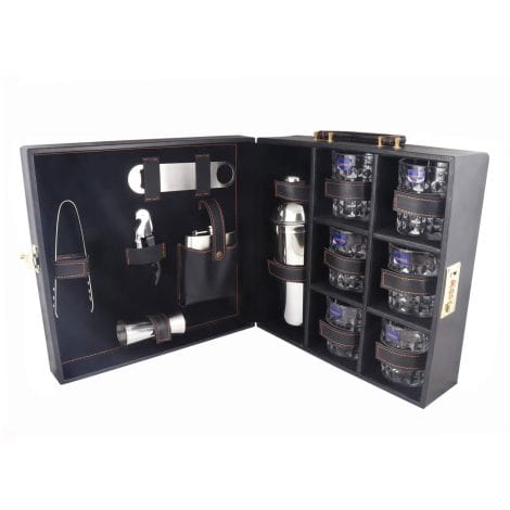 A sleek and portable black bar set with 6 glasses, perfect for enjoying drinks on-the-go, exclusively for you.