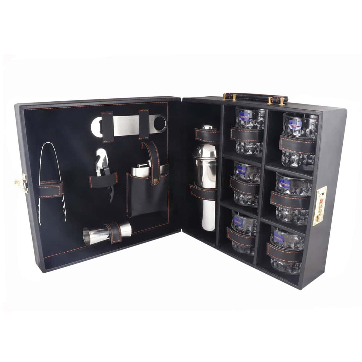 Borsi 6 Glasses Black Bar Set |Premium Bar Set Bottle Opener with Bottle Handy Portable Leatherette Bar Set for car | Whiskey Glasses Black GPBLP001