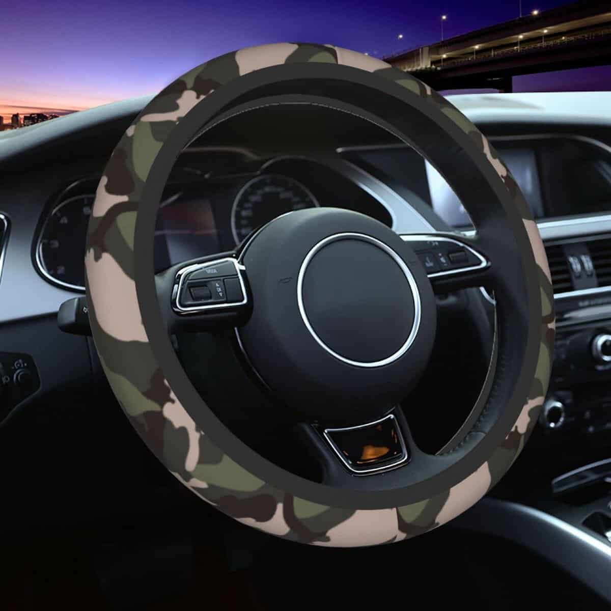 Green Camo Steering Wheel Cover for Women Girls Men, Car Steering Wheel Accessories Universal Fit 15 Inch Auto Wheel Cover
