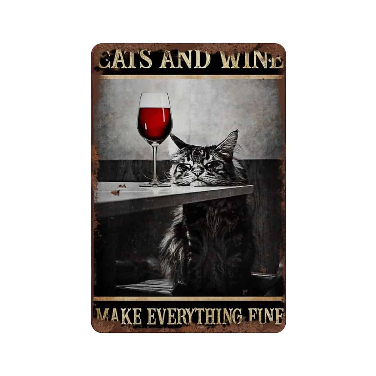 Graman Cat and Wine Make Everything Right Fun Tin Sign Drinking Wine Novelty Sign Cat Lover Gift Vintage Cat Wall Art Home Decor Cat Room Decoration for Living Room Bed Room 8x5.5 Inch