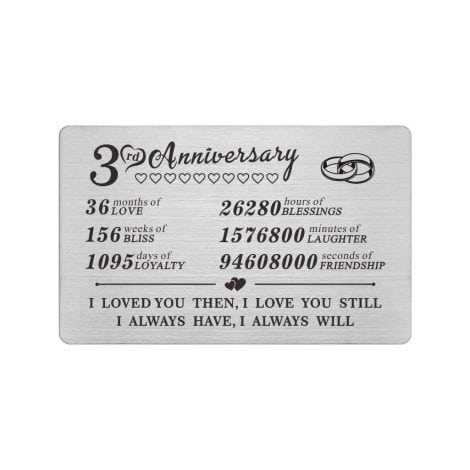 Unique 3rd year anniversary wallet card for husbands, boyfriends. Special gift for wives, girlfriends.