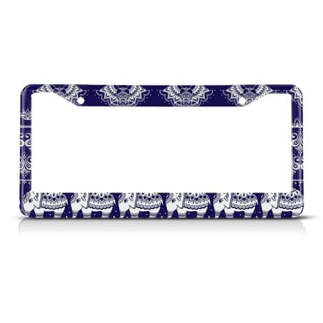 Funny Blue Elephant License Plate Frame with Paisley and Lotus Flower Design for Indian Vehicles.