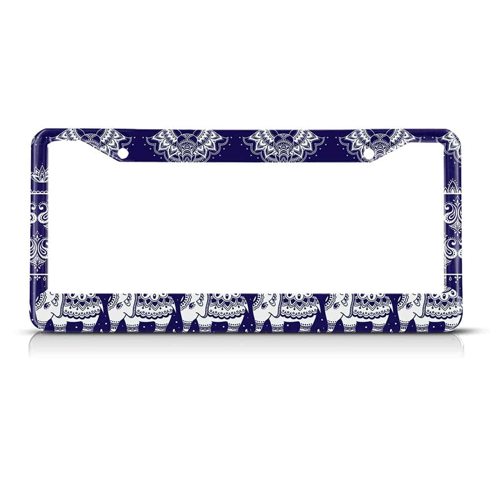 Beabes Blue Elephant License Plate Frame Paisley Novelty License Plate Frame Lotus Flower Animal Funny License Plate Cover Car Tag Holder Metal License Plate Frame for US Vehicles Standard