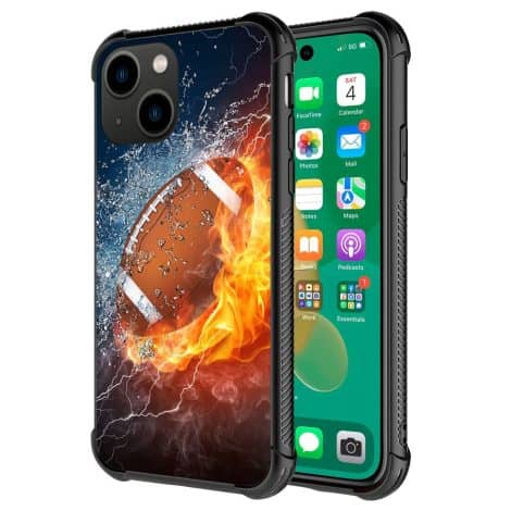 DJSOK Case designed for iPhone 14. Features a fiery American football design, ideal for boys, girls, and men.