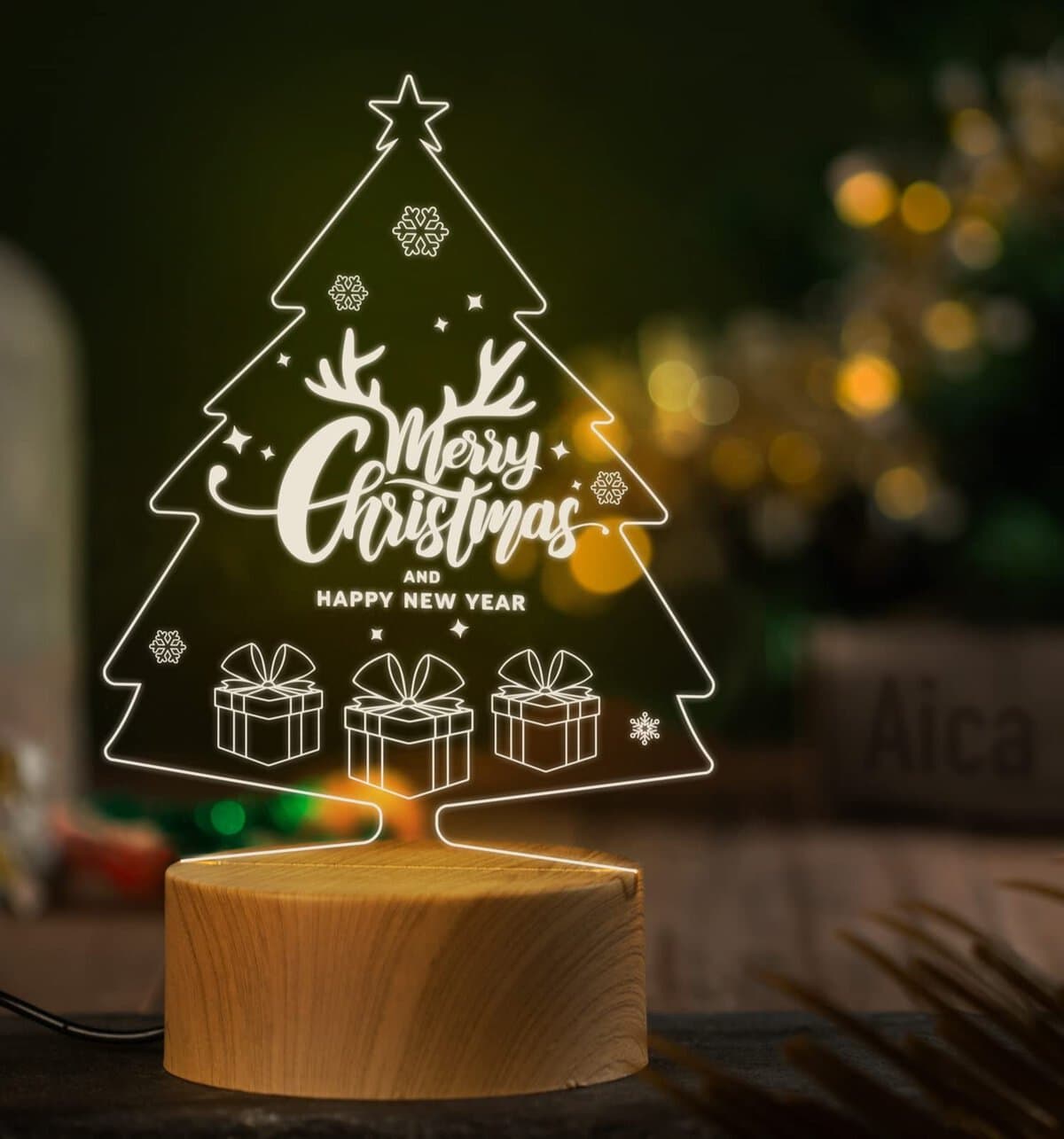 AICA Merry Christmas & Happy New Year LED Lamp | Christmas Tree Party Decoration Lights Item for Home & Office | Christmas Secrete Santa Gifts for Office Colleague Employee Friends Men Women.