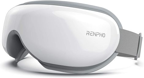 RENPHO Eyeris 1 is a white eye massager with heat, music, and rechargeable ability that relieves eye strain and improves sleep. Perfect gift!