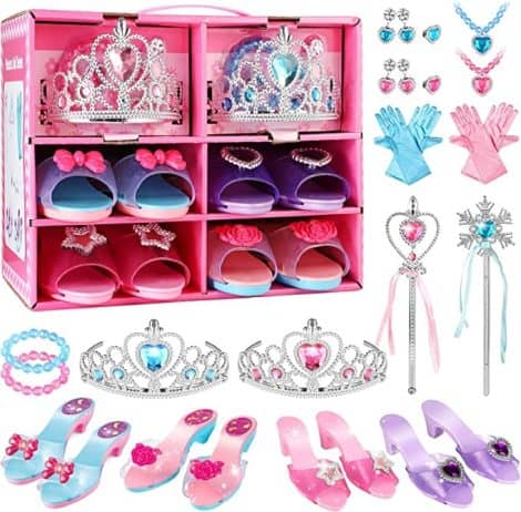 Toy set for little girls to dress up as princesses, with shoes and accessories, perfect for birthdays and Christmas.