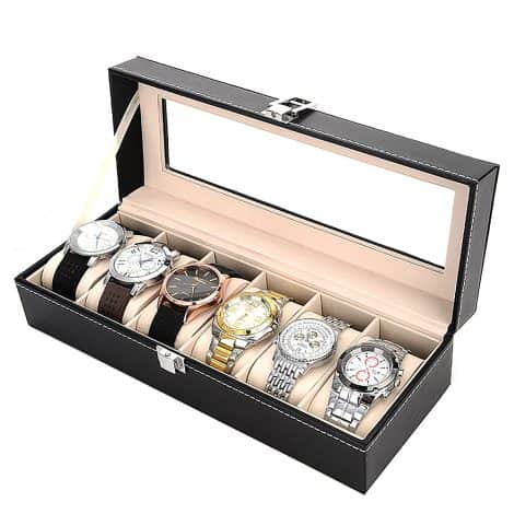 NuAngela 6 Slot Watch Box,
Luxurious PU Leather Display Case,
Securely store watches with glass top,
Ideal gift for men and women