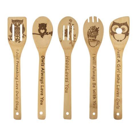 5 pieces of owl-themed wooden cooking spoons, perfect for housewarming or wedding gift for owl-loving women.