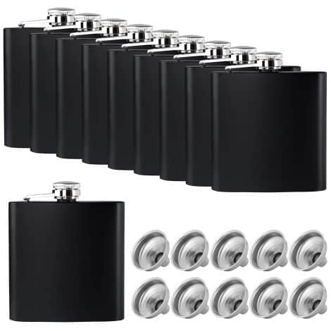 10 pieces of 6 Oz Black Stainless Steel Flasks with a Funnel to pour drinks easily.