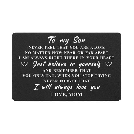 Engraved Metal Wallet Insert from Mom for Son, Reminding Him of Love & Support, Perfect Gift for Special Occasions.