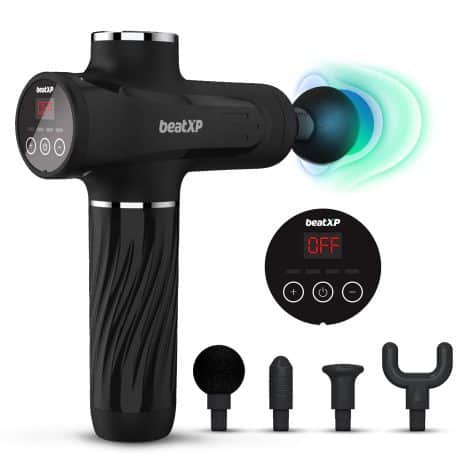 Introducing the beatXP Bolt Go Massage Gun! Experience a soothing body massage with touch display, 4 attachments, and long-lasting battery. Enjoy 18 months of warranty!