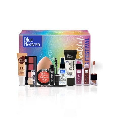 Blue Heaven Festive Makeup Kit with 8 products, perfect for Indian women with medium skin tone.