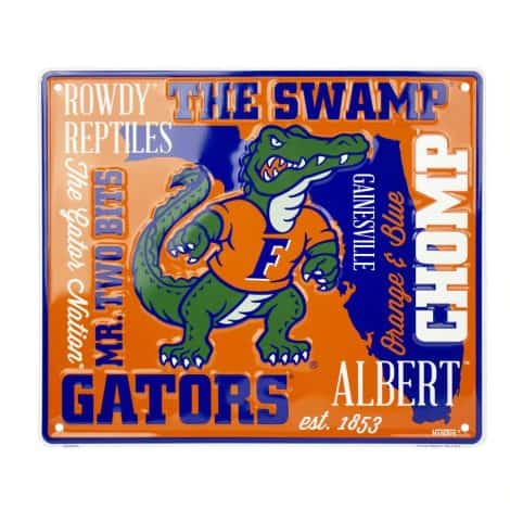 Metal Wall Art with University of Florida logo, perfect for Gator football fans and man caves.