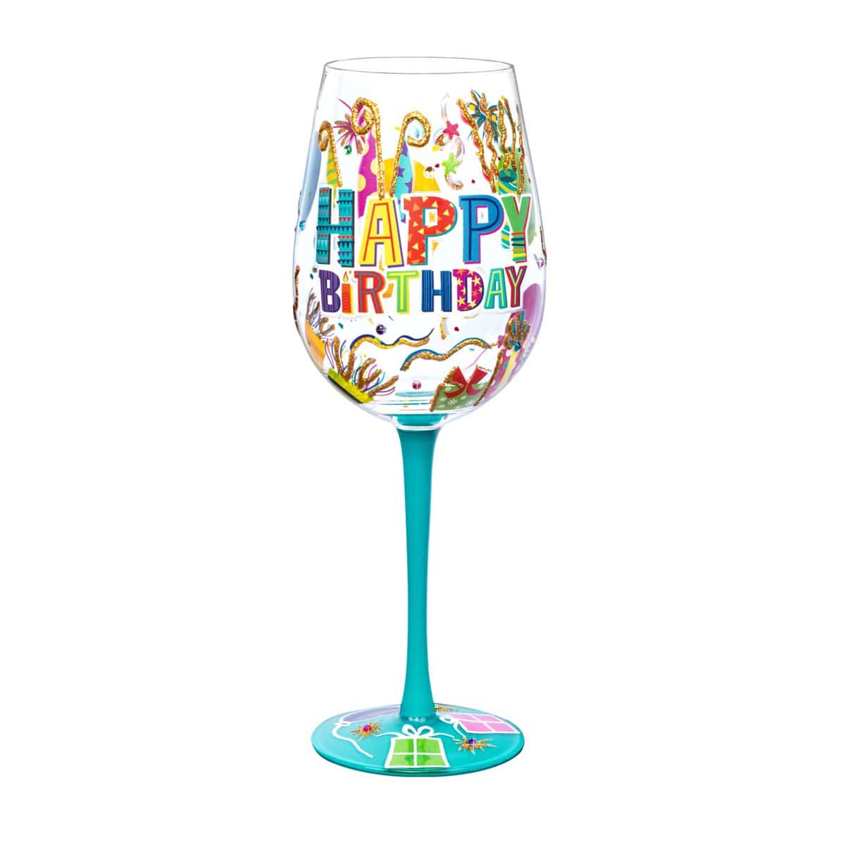 NymphFable Hand-painted Wine Glass Happy Birthday Stemless Artisan Painted 15oz Personalised Gift for Birthdays