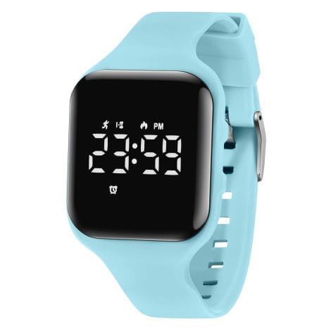 Digital sports watch for kids with alarm, stopwatch, and waterproof feature, suitable for children aged 5-12. Imported from China, available in E-SkyBlue.