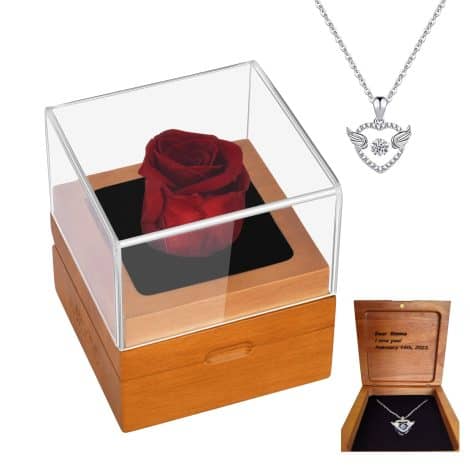 Get a personalized jewelry box with a lovely necklace and forever blooming flowers for your loved one this Christmas.