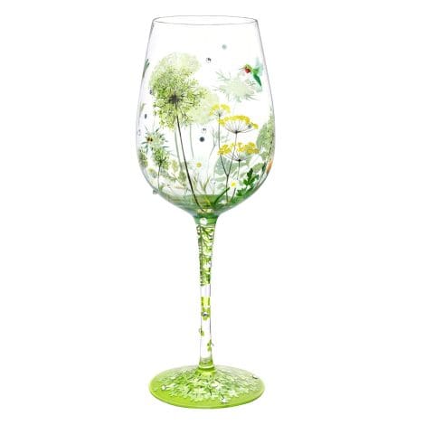 Personalized hand-painted wine glass with floral, bird, and dragonfly art – an ideal gift for your best friend.