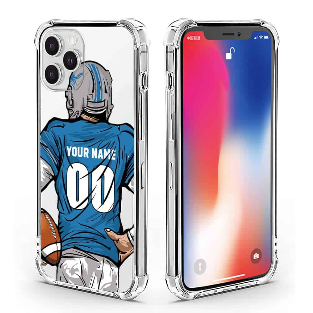 BOSTEPY Custom Name and Number Football Jersey Case for iPhone 14 13 12 11 Pro Max Mini Xr Xs X 7 8 Plus SE 2022 2020 6s 6 Personalized Team Style Clear Shockproof Phone Cover for Detroit