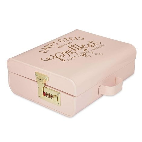 A rectangular storage trunk for jewelry and makeup in light pink, with a lock. Perfect for happy girls!