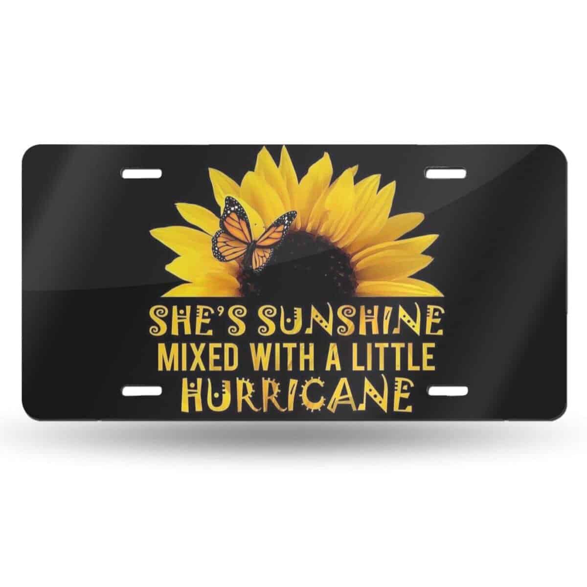 Butterfly and Sunflower She is Sunshine Decorative Front License Plate Cover Vanity Tag Metal Car Plate Aluminum Novelty License Plate 6 X 12 Inch (4 Holes)